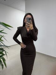 Np 1012 A.Kahve Degaje Yaka Kalem Elbise