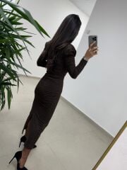 Np 1012 A.Kahve Degaje Yaka Kalem Elbise