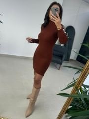 Ms Kol Düğme Detaylı Kiremit Triko Elbise