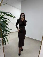 Np 1012 A.Kahve Degaje Yaka Kalem Elbise