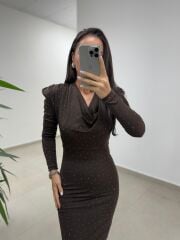 Np 1012 A.Kahve Degaje Yaka Kalem Elbise