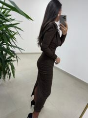 Np 1012 A.Kahve Degaje Yaka Kalem Elbise