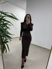 Np 1012 A.Kahve Degaje Yaka Kalem Elbise