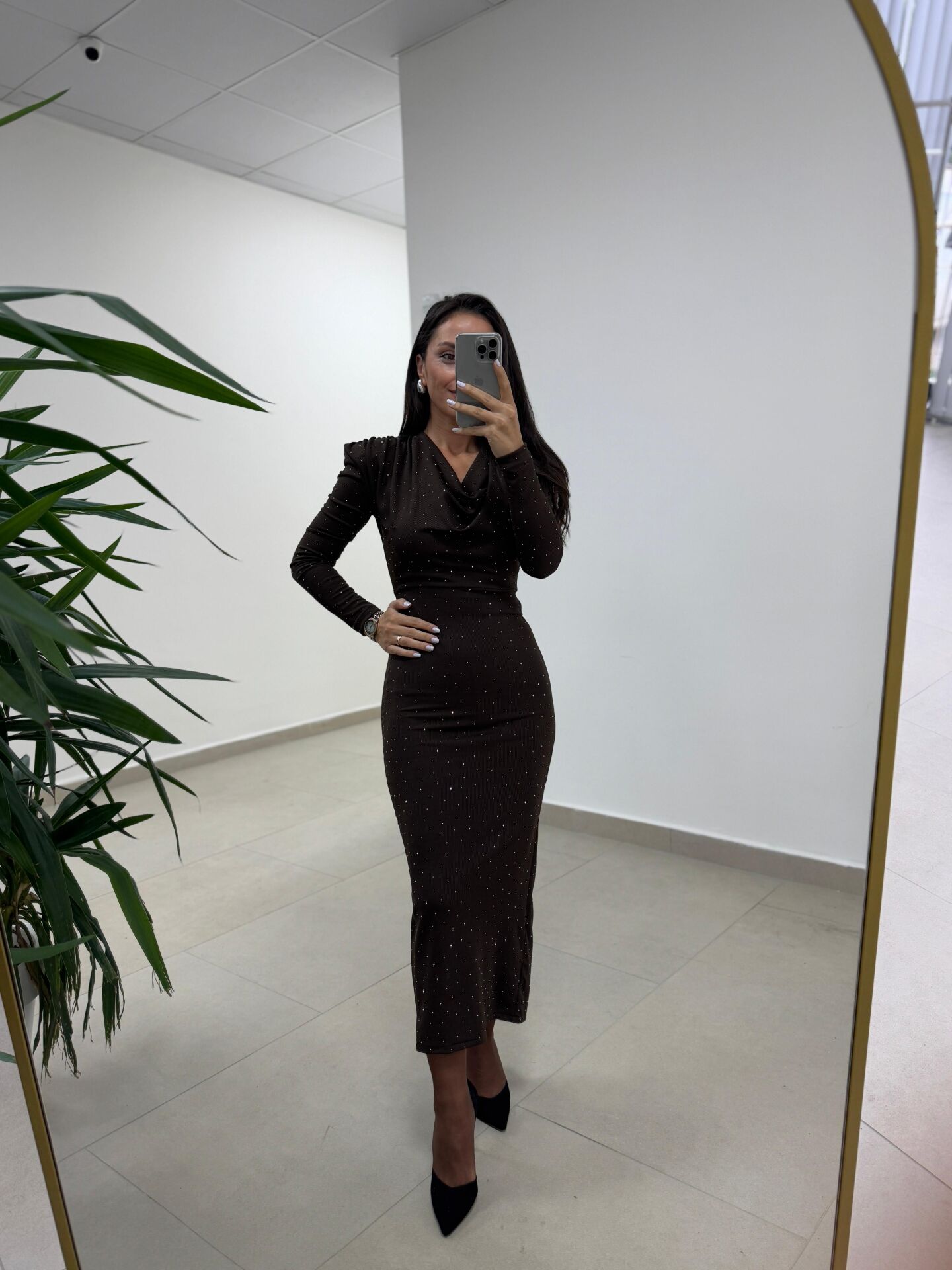 Np 1012 A.Kahve Degaje Yaka Kalem Elbise