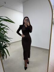 Np 1012 A.Kahve Degaje Yaka Kalem Elbise