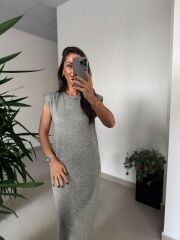 Bb 28294 Omuz Vatkalı Haki Yumoş Elbise