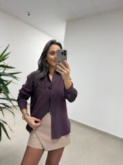 Dgf 25621 Mürdüm Çizgili Modal Gömlek