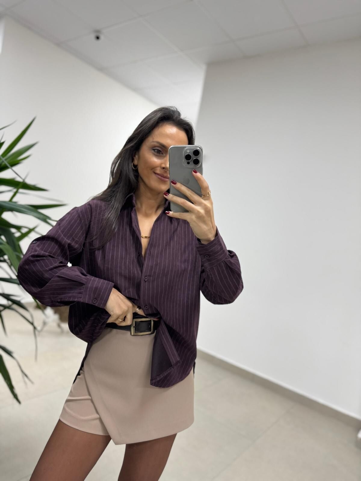 Dgf 25621 Mürdüm Çizgili Modal Gömlek