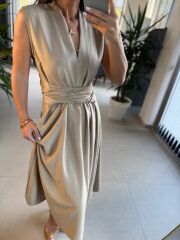 Bb 28783 Vizon V Yaka Çizgili Kuşaklı Elbise