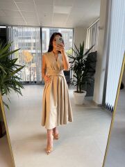 Bb 28783 Vizon V Yaka Çizgili Kuşaklı Elbise