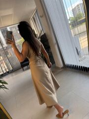 Bb 28783 Vizon V Yaka Çizgili Kuşaklı Elbise