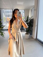 Bb 28783 Vizon V Yaka Çizgili Kuşaklı Elbise