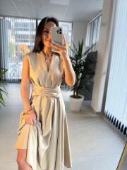 Bb 28783 Vizon V Yaka Çizgili Kuşaklı Elbise