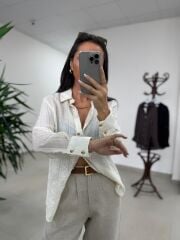 La 29515 Transparan Dokulu Müslin Krem Gömlek