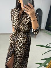 Ms Leopar Beli Lastikli Gömlek Elbise