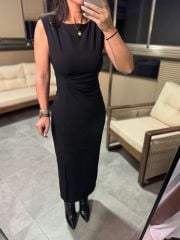 Wo Pili Detaylı Siyah Kalem Elbise