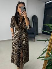 Ms Leopar Beli Lastikli Gömlek Elbise