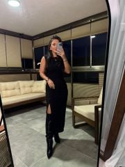 Wo Pili Detaylı Siyah Kalem Elbise