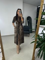 Ms Leopar Beli Lastikli Gömlek Elbise