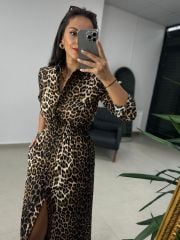 Ms Leopar Beli Lastikli Gömlek Elbise