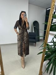 Ms Leopar Beli Lastikli Gömlek Elbise