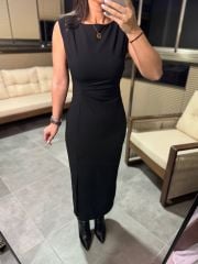 Wo Pili Detaylı Siyah Kalem Elbise