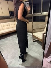 Black Pencil Dress with Wo Pleated Detail