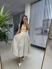 Cr 3003 Bej Pileli Kloş Etek