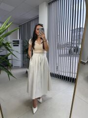 Cr 3003 Bej Pileli Kloş Etek