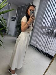 Cr 3003 Bej Pileli Kloş Etek