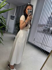 Cr 3003 Bej Pileli Kloş Etek