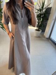 Dr 8401 Tasarım Fermuarlı Vizon Tensel Elbise