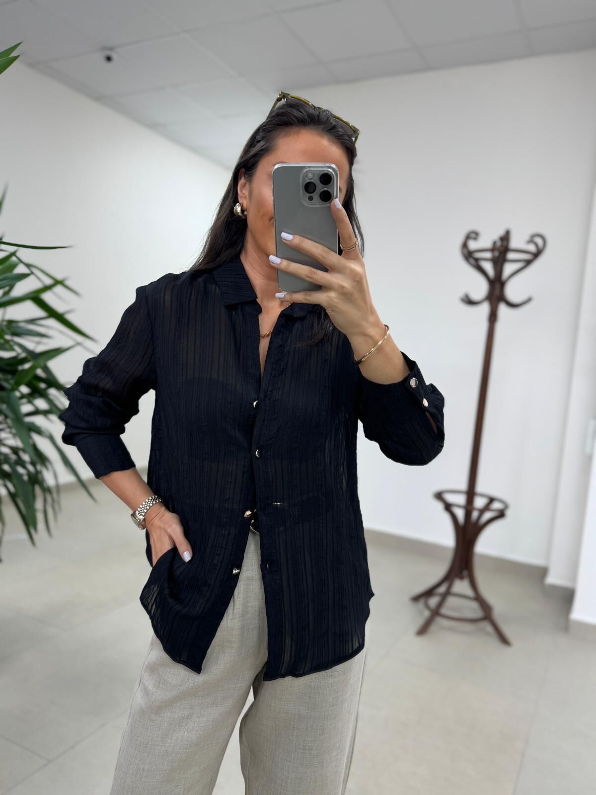 La 29515 Transparan Dokulu Müslin Siyah Gömlek