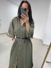 Fp 3382 Kendinden Kemerli Haki Gömlek Elbise