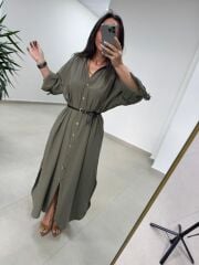 Fp 3382 Kendinden Kemerli Haki Gömlek Elbise