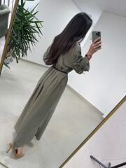 Fp 3382 Kendinden Kemerli Haki Gömlek Elbise