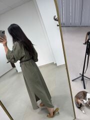 Fp 3382 Kendinden Kemerli Haki Gömlek Elbise