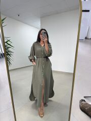Fp 3382 Kendinden Kemerli Haki Gömlek Elbise