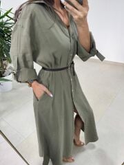 Fp 3382 Kendinden Kemerli Haki Gömlek Elbise