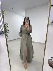 Fp 3382 Kendinden Kemerli Haki Gömlek Elbise