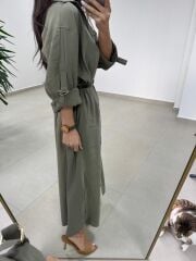 Fp 3382 Kendinden Kemerli Haki Gömlek Elbise