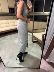 Wo Pili Detaylı Gri Kalem Elbise