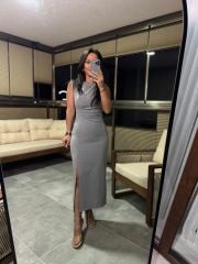 Wo Pili Detaylı Gri Kalem Elbise