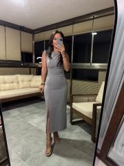 Wo Pili Detaylı Gri Kalem Elbise