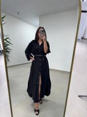 Fp 3382 Kendinden Kemerli Siyah Gömlek Elbise