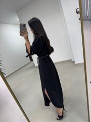 Fp 3382 Kendinden Kemerli Siyah Gömlek Elbise