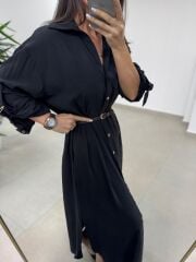 Fp 3382 Kendinden Kemerli Siyah Gömlek Elbise