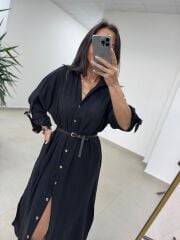 Fp 3382 Kendinden Kemerli Siyah Gömlek Elbise