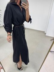 Fp 3382 Kendinden Kemerli Siyah Gömlek Elbise