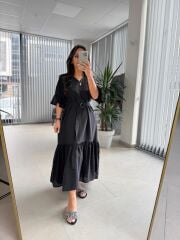 Dr 8406 Tasarım Kol Fırfırlı Siyah Tensel Elbise